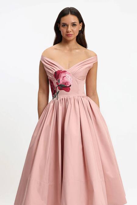 Buy_Gauri & Nainika_Pink Cotton Embroidery Off-shoulder, V-neck Botanical Midi Dress _Online_at_Aza_Fashions