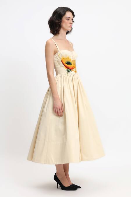 Buy Gauri & Nainika Cream Cotton Embroidery Sweetheart Neck Flower Hand Midi Dress Online at Aza Fashions Buy_Gauri & Nainika_Cream Cotton Embroidery Sweetheart Neck Flower Hand Midi Dress _Online_at_Aza_Fashions