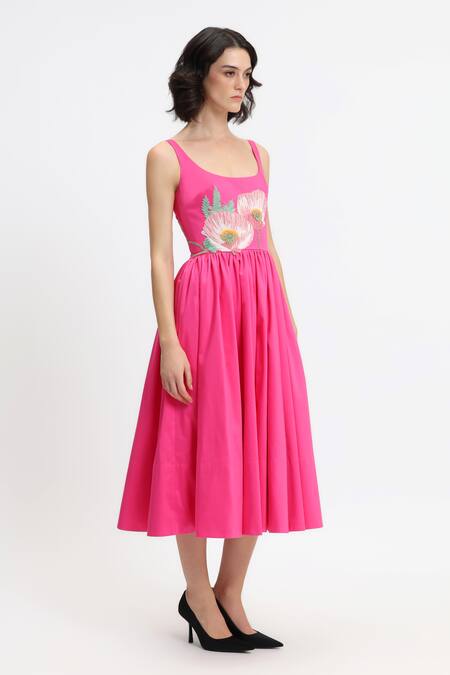 Gauri & Nainika_Fuchsia Cotton Embroidery Scoop Neck Botanical Hand Dress _Online_at_Aza_Fashions