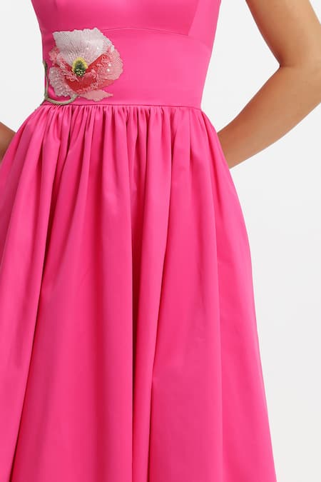 Buy_Gauri & Nainika_Fuchsia Cotton Embroidery Square Neck Botanical Hand Midi Dress _Online_at_Aza_Fashions