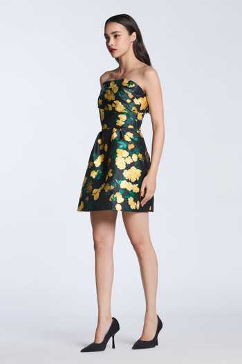 Gauri & Nainika_Yellow Microfiber Off-shoulder Strapless Draped Dress _Online_at_Aza_Fashions
