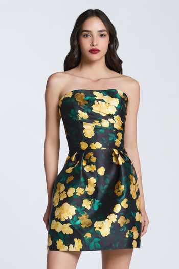 Gauri & Nainika_Yellow Microfiber Off-shoulder Strapless Draped Dress _at_Aza_Fashions