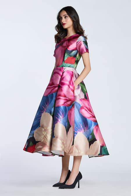 Gauri & Nainika_Multi Color Microfiber Round Neck Multicolor Floral Print Midi Dress _Online_at_Aza_Fashions