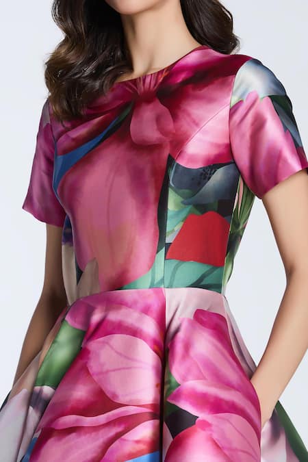 Buy_Gauri & Nainika_Multi Color Microfiber Round Neck Multicolor Floral Print Midi Dress _Online_at_Aza_Fashions