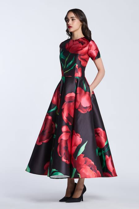 Gauri & Nainika Black Microfiber Embroidery Round Neck Peonies Printed Midi Dress Online at Aza Fashions Gauri & Nainika_Black Microfiber Embroidery Round Neck Peonies Printed Midi Dress _Online_at_Aza_Fashions