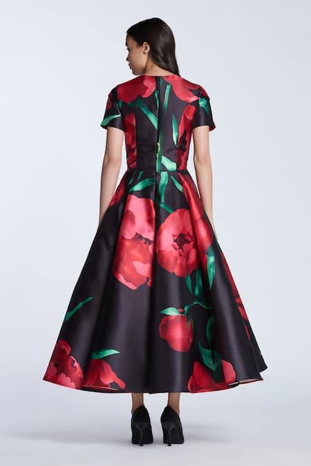 Shop Gauri & Nainika Black Microfiber Embroidery Round Neck Peonies Printed Midi Dress at Aza Fashions Shop_Gauri & Nainika_Black Microfiber Embroidery Round Neck Peonies Printed Midi Dress _at_Aza_Fashions