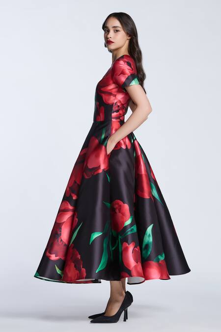 Buy Gauri & Nainika Black Microfiber Embroidery Round Neck Peonies Printed Midi Dress Online at Aza Fashions Buy_Gauri & Nainika_Black Microfiber Embroidery Round Neck Peonies Printed Midi Dress _Online_at_Aza_Fashions