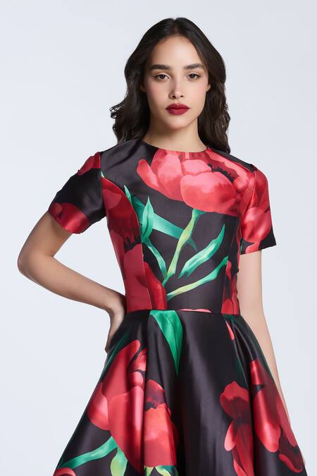 Shop Gauri & Nainika Black Microfiber Embroidery Round Neck Peonies Printed Midi Dress Online at Aza Fashions Shop_Gauri & Nainika_Black Microfiber Embroidery Round Neck Peonies Printed Midi Dress _Online_at_Aza_Fashions