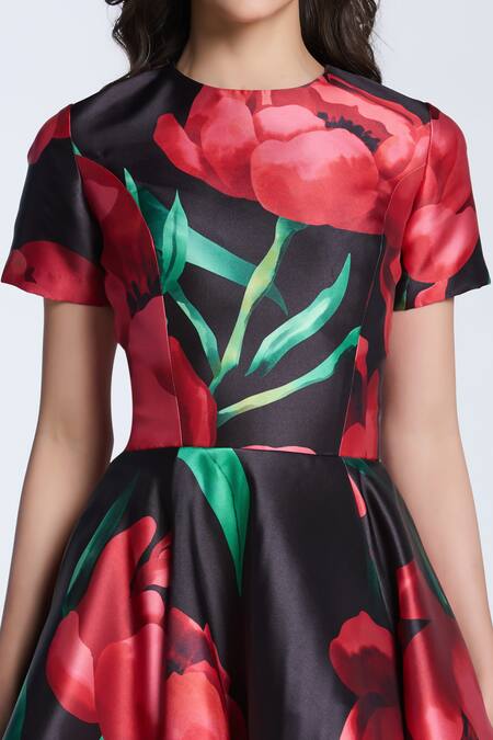 Gauri & Nainika Black Microfiber Embroidery Round Neck Peonies Printed Midi Dress at Aza Fashions Gauri & Nainika_Black Microfiber Embroidery Round Neck Peonies Printed Midi Dress _at_Aza_Fashions