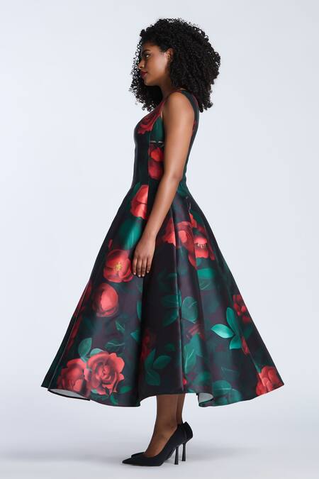 Gauri & Nainika Black Square Neck Rose Creeper Print Midi Dress Online at Aza Fashions Gauri & Nainika_Black Square Neck Rose Creeper Print Midi Dress _Online_at_Aza_Fashions