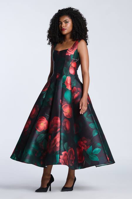 Buy Gauri & Nainika Black Square Neck Rose Creeper Print Midi Dress Online at Aza Fashions Buy_Gauri & Nainika_Black Square Neck Rose Creeper Print Midi Dress _Online_at_Aza_Fashions