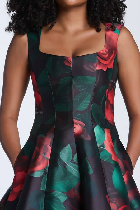 Shop Gauri & Nainika Black Square Neck Rose Creeper Print Midi Dress Online at Aza Fashions Shop_Gauri & Nainika_Black Square Neck Rose Creeper Print Midi Dress _Online_at_Aza_Fashions