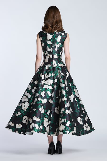 Shop_Gauri & Nainika_Black Microfiber Square Neck Rose Creeper Printed Midi Dress _at_Aza_Fashions