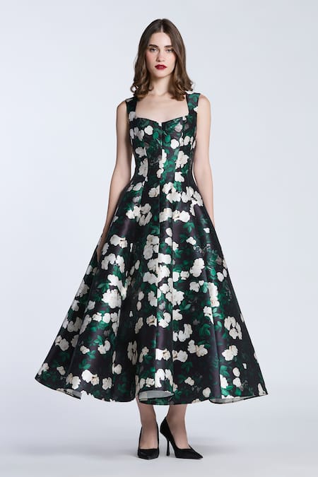 Buy_Gauri & Nainika_Black Microfiber Square Neck Rose Creeper Printed Midi Dress _at_Aza_Fashions