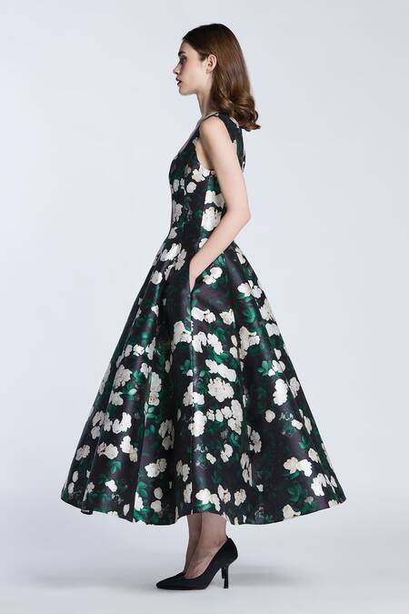 Gauri & Nainika_Black Microfiber Square Neck Rose Creeper Printed Midi Dress _Online_at_Aza_Fashions