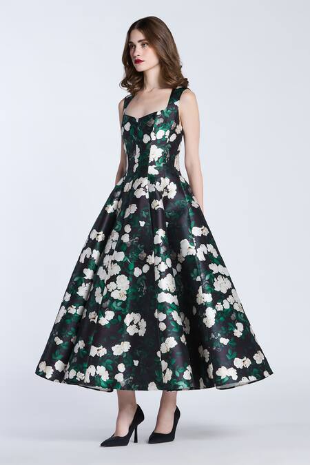 Buy_Gauri & Nainika_Black Microfiber Square Neck Rose Creeper Printed Midi Dress _Online_at_Aza_Fashions