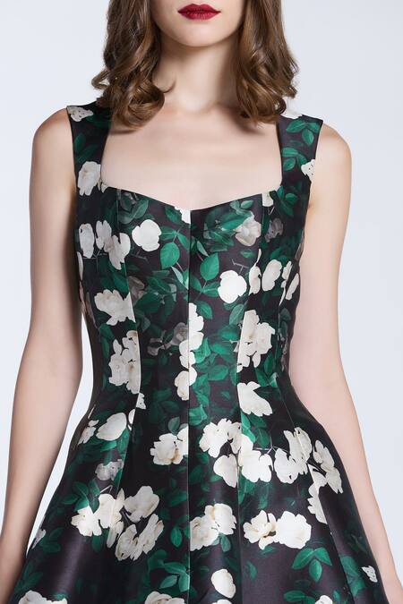 Shop_Gauri & Nainika_Black Microfiber Square Neck Rose Creeper Printed Midi Dress _Online_at_Aza_Fashions