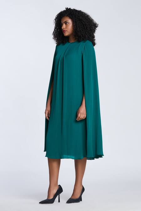 Buy_Gauri & Nainika_Green Silk, Crepe Boat Neck Cape Sleeve Midi Dress _Online_at_Aza_Fashions