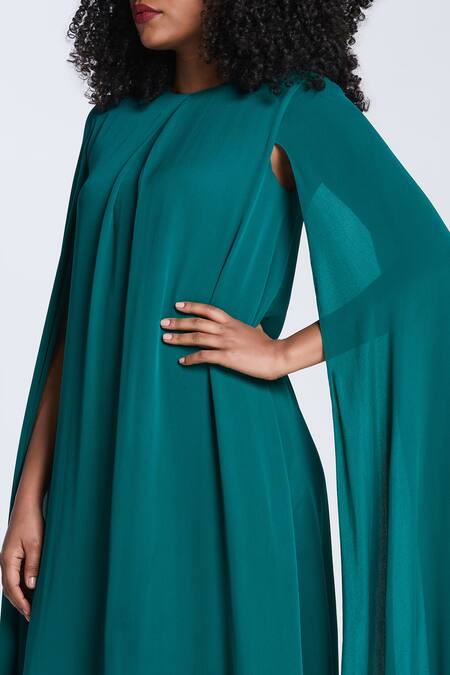 Shop_Gauri & Nainika_Green Silk, Crepe Boat Neck Cape Sleeve Midi Dress _Online_at_Aza_Fashions
