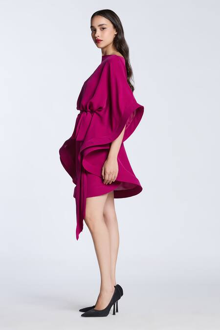 Gauri & Nainika_Magenta Silk Boat Neck Layered Dress _Online_at_Aza_Fashions
