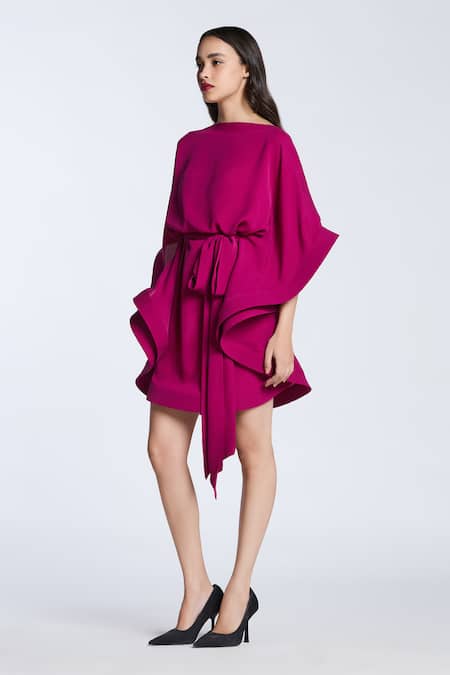 Buy_Gauri & Nainika_Magenta Silk Boat Neck Layered Dress _Online_at_Aza_Fashions