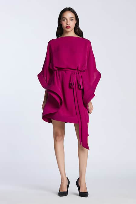 Shop_Gauri & Nainika_Magenta Silk Boat Neck Layered Dress _Online_at_Aza_Fashions