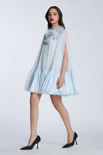 Gauri & Nainika_Blue Chiffon Fabric Flowers Boat Neck Applique Embroidered Dress _Online_at_Aza_Fashions
