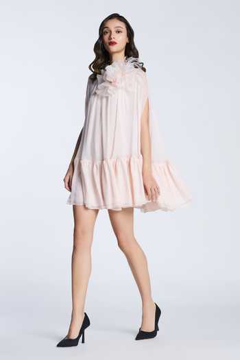 Buy Gauri & Nainika Pink Chiffon Applique Boat Neck Draped Sleeve Floral Dress Online at Aza Fashions Buy_Gauri & Nainika_Pink Chiffon Applique Boat Neck Draped Sleeve Floral Dress _Online_at_Aza_Fashions