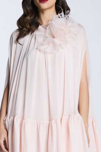 Shop Gauri & Nainika Pink Chiffon Applique Boat Neck Draped Sleeve Floral Dress Online at Aza Fashions Shop_Gauri & Nainika_Pink Chiffon Applique Boat Neck Draped Sleeve Floral Dress _Online_at_Aza_Fashions