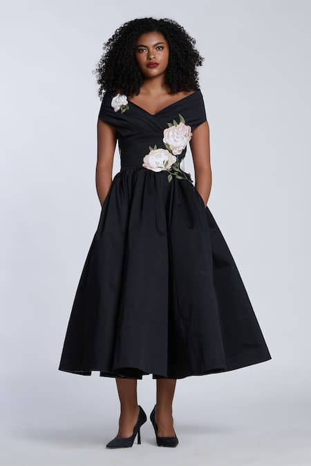 Gauri & Nainika Black Cotton Embroidery V-neck Botanical Midi Dress 