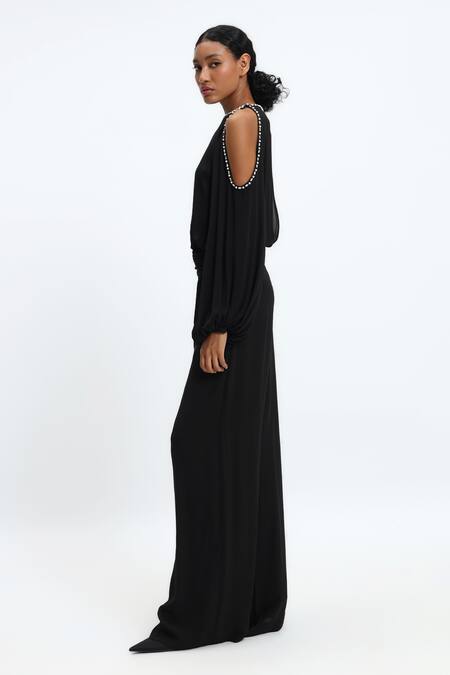 Gauri & Nainika_Black Crepe, Georgette Pearls Round Neck Cold Shoulder Jumpsuit _Online_at_Aza_Fashions