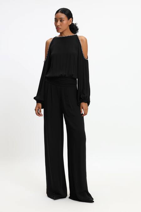 Buy_Gauri & Nainika_Black Crepe, Georgette Pearls Round Neck Cold Shoulder Jumpsuit _Online_at_Aza_Fashions