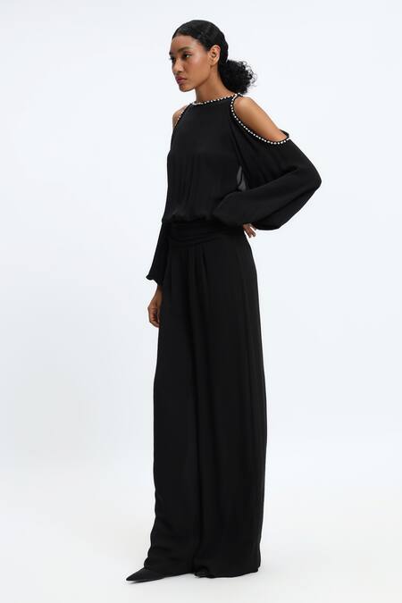 Shop_Gauri & Nainika_Black Crepe, Georgette Pearls Round Neck Cold Shoulder Jumpsuit _Online_at_Aza_Fashions