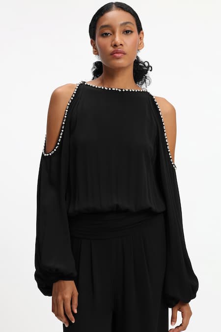 Gauri & Nainika_Black Crepe, Georgette Pearls Round Neck Cold Shoulder Jumpsuit _at_Aza_Fashions