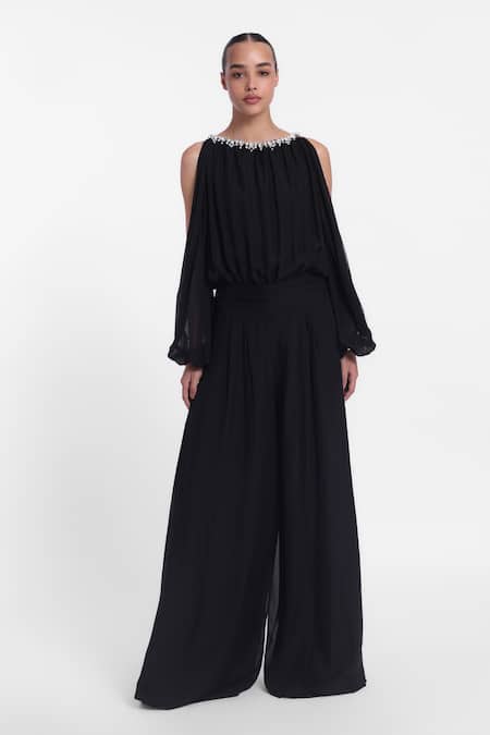 Gauri & Nainika_Black Chiffon Crystals, Pearls Round Neck Cold Shoulder Jumpsuit _Online_at_Aza_Fashions