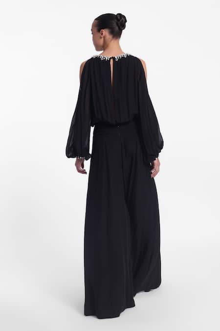 Gauri & Nainika Black Cold Shoulder Crystal Jumpsuit 