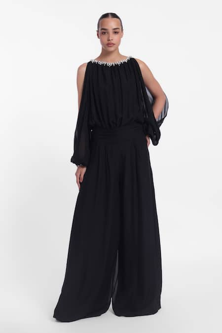 Gauri & Nainika Black Cold Shoulder Crystal Jumpsuit 