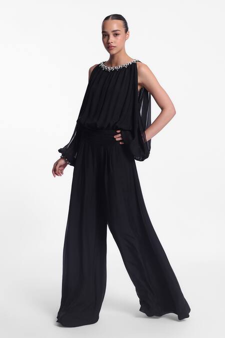 Buy_Gauri & Nainika_Black Chiffon Crystals, Pearls Round Neck Cold Shoulder Jumpsuit _Online_at_Aza_Fashions