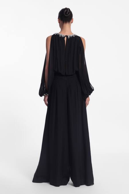 Shop_Gauri & Nainika_Black Chiffon Crystals, Pearls Round Neck Cold Shoulder Jumpsuit _Online_at_Aza_Fashions