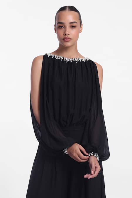 Gauri & Nainika_Black Chiffon Crystals, Pearls Round Neck Cold Shoulder Jumpsuit _at_Aza_Fashions