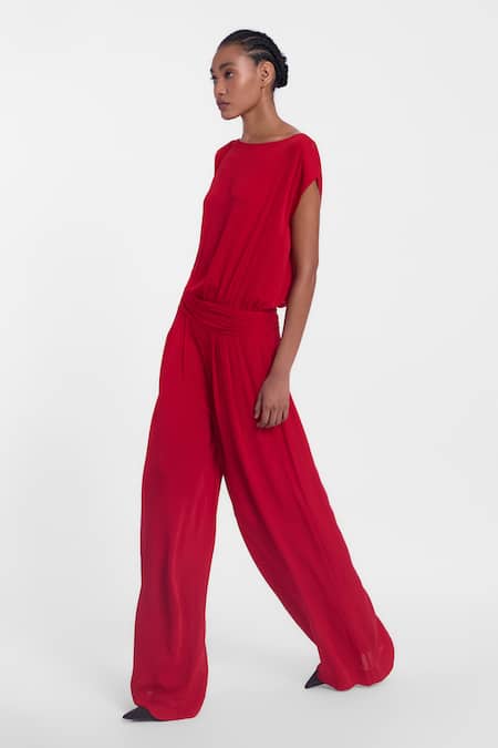 Gauri & Nainika_Red Crepe, Georgette Boat Neck Flared Jumpsuit _Online_at_Aza_Fashions