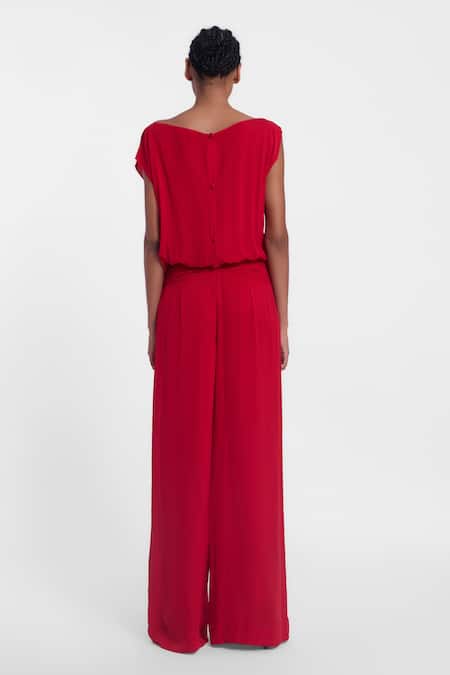 Gauri & Nainika Red Boat Neck Flared Jumpsuit 