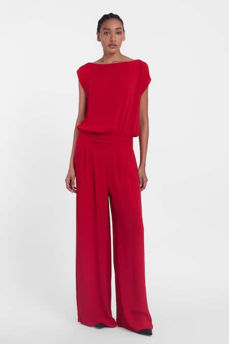 Gauri & Nainika Red Boat Neck Flared Jumpsuit 