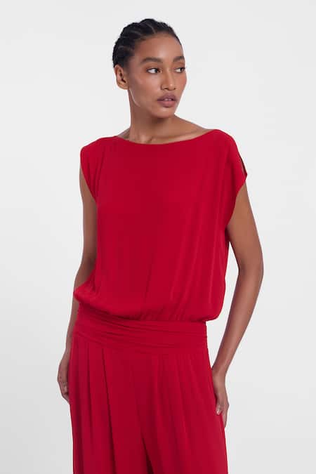 Shop_Gauri & Nainika_Red Crepe, Georgette Boat Neck Flared Jumpsuit _Online_at_Aza_Fashions