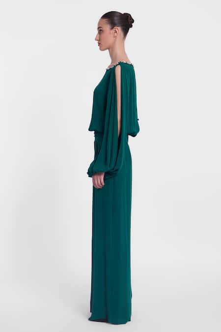 Gauri & Nainika_Green Crepe, Georgette Crystals, Pearls Boat Neck Embellished Jumpsuit _Online_at_Aza_Fashions