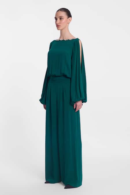 Buy_Gauri & Nainika_Green Crepe, Georgette Crystals, Pearls Boat Neck Embellished Jumpsuit _Online_at_Aza_Fashions