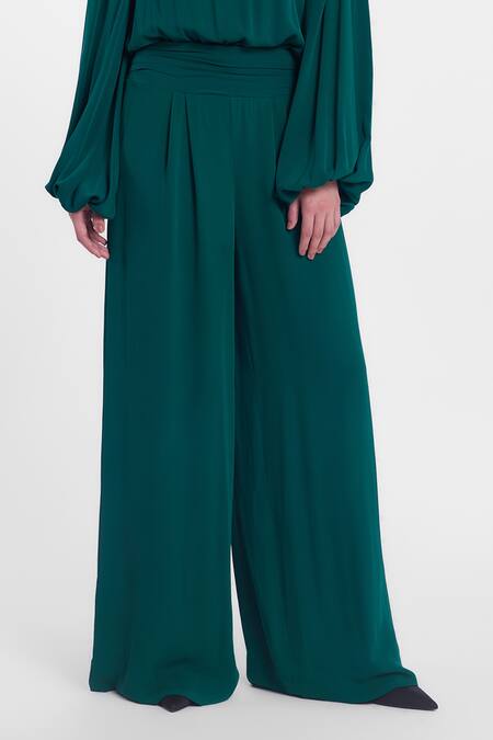 Shop_Gauri & Nainika_Green Crepe, Georgette Crystals, Pearls Boat Neck Embellished Jumpsuit _Online_at_Aza_Fashions