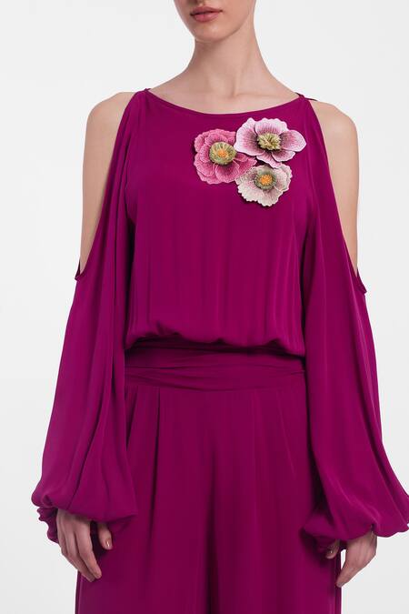 Gauri & Nainika_Magenta Crepe, Georgette Applique, Embroidery Boat Neck Floral Jumpsuit _Online_at_Aza_Fashions