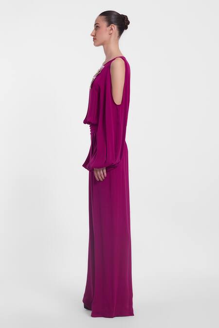 Shop_Gauri & Nainika_Magenta Crepe, Georgette Applique, Embroidery Boat Neck Floral Jumpsuit _Online_at_Aza_Fashions