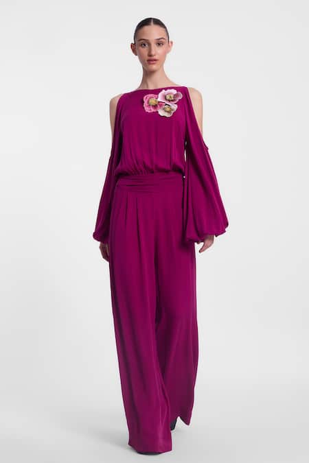 Gauri & Nainika Floral Applique Magenta Jumpsuit 